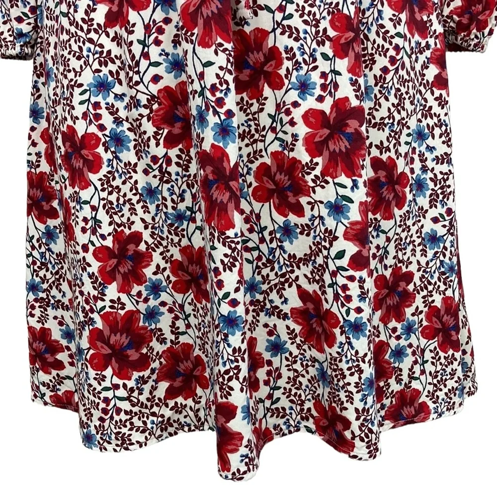 Cream and Red Floral V Neck Long Sleeve Dress - Picture 5 of 14